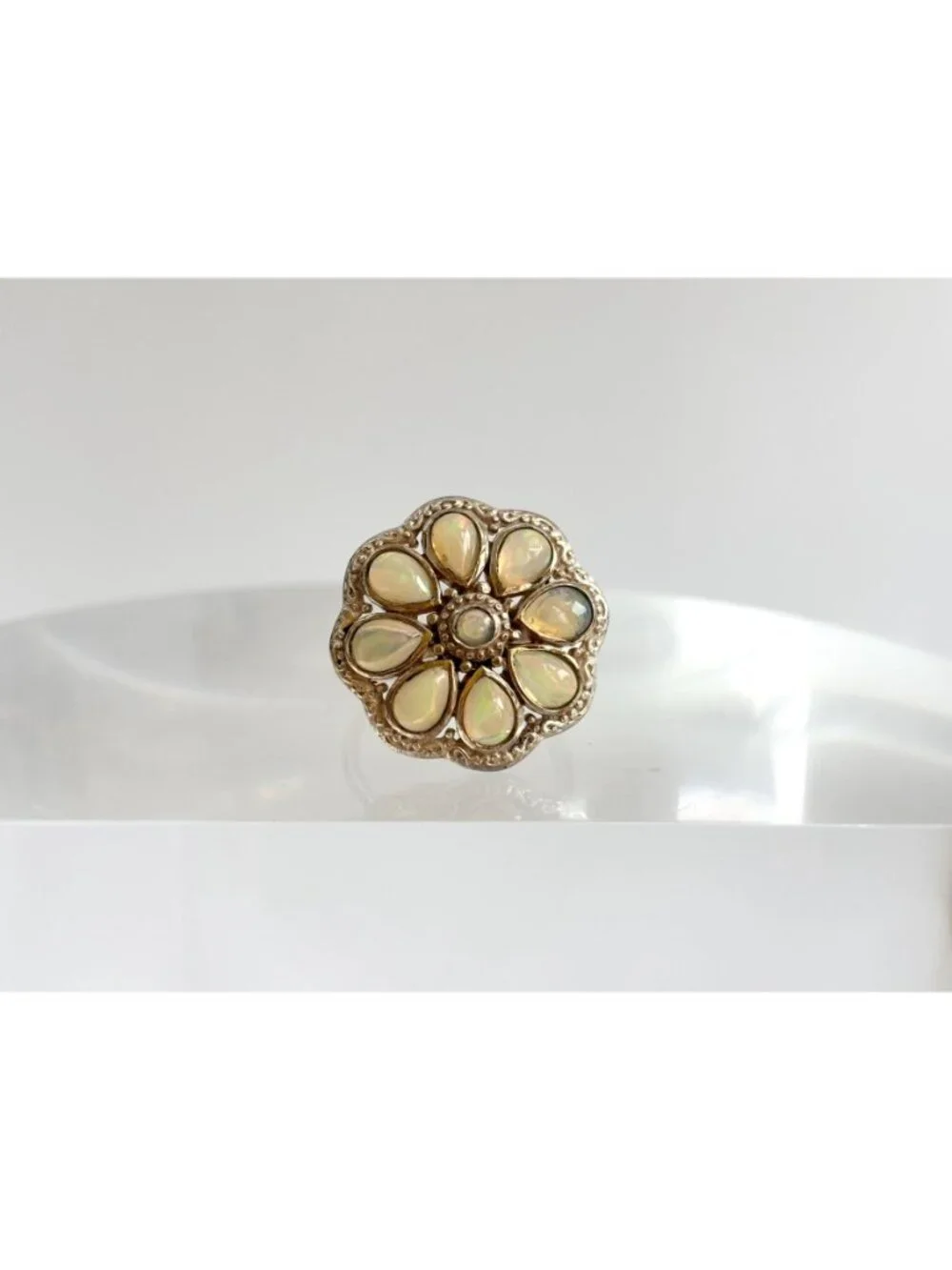 Teardrop Yellow Opal Scalloped Floral Sterling Silver 925 Vintage Ring - sz 8
